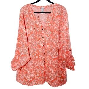 Catherines 2X Top Blouse Shirt Roll Tab Sleeve Pink Coral Flowy Bodo Floral‎